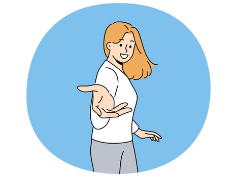 Smiling woman stretch hand to camera invite someone going together. Happy female outstretch arm to screen. Invitation and request. Vector illustration.