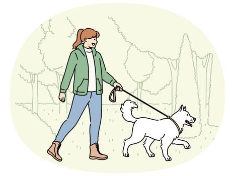 Smiling woman walking with dog on leash in park. Happy girl enjoy walk with puppy in nature. Pet ownership concept. Vector illustration.