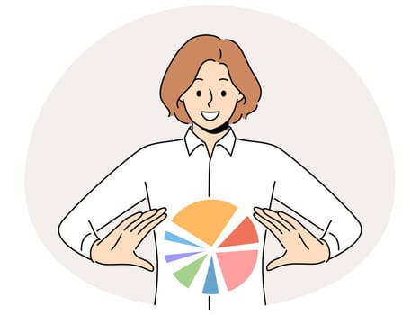 Smiling businesswoman with pie chart diagram in hands. Happy female employee with circle diagram. Business analytics and statistics. Vector illustration.
