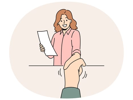 Smiling woman with resume shaking hand with job candidate after interview in office. Happy female with CV handshake applicant at workplace. Employment. Vector illustration.