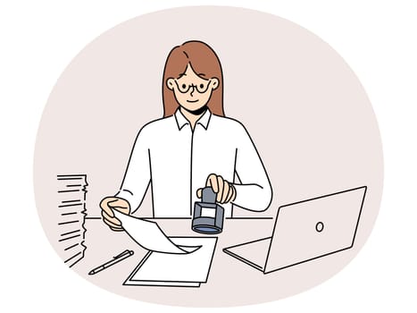 Confident businesswoman sit at desk work on computer stamp documents. Smiling female employee sign paperwork in office. Secretary work. Vector illustration.