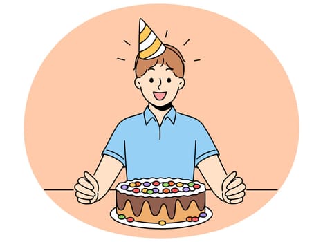 Overjoyed boy child sit at table with birthday hat on head and chocolate cake for special occasion. Smiling kid celebrate anniversary with sweet dessert. Vector illustration.