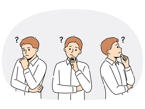 Male employee feel confused looking for problem solution or answer. Businessman frustrated brainstorm search for trouble solving idea. Vector illustration.