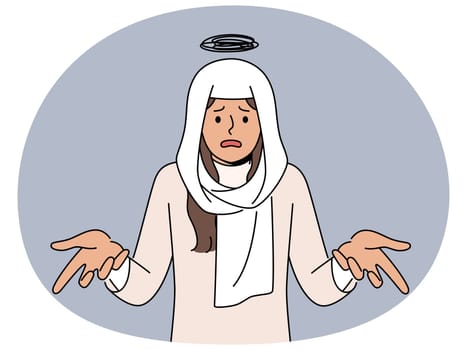 Portrait of confused muslim woman in hijab feeling emotional and frustrated with problem. Unhappy Arabic female in traditional headscarf feeling troubled. Vector illustration.