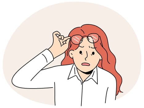 Shocked woman take off glasses astonished with news or message. Surprised female amazed with unbelievable notification. Vector illustration.