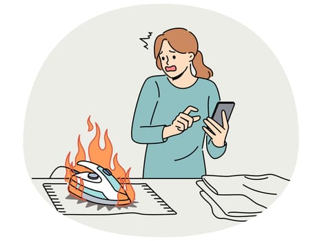 Distracted woman using cellphone burn clothes with iron. Scared housewife chatting on smartphone waste clothing with hot appliance. Vector illustration.