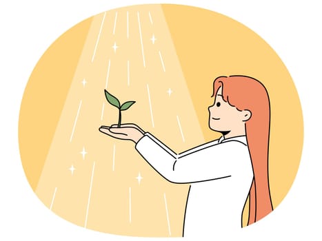 Smiling girl holding seedling in hands at sunlight. Happy child with green plant under sun. ecology and nature lover. Vector illustration.