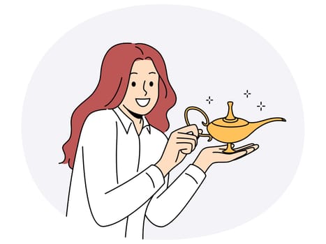 Smiling woman holding Aladdin lamp for granting wishes. Happy businesswoman with magical golden genie lamp in hands. Magic and dreams come true. Vector illustration.