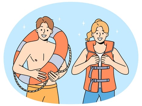Smiling people in lifejacket and lifebuoy working on seashore. Happy lifeguards in inflatable vest and ring. Life saving and occupation. Vector illustration.