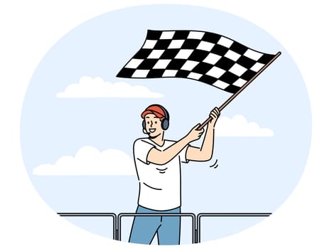 Smiling man in headset waving checkered flag at race on stadium. Happy male employee announce finish of auto racing with flag. Sport competition. Vector illustration.