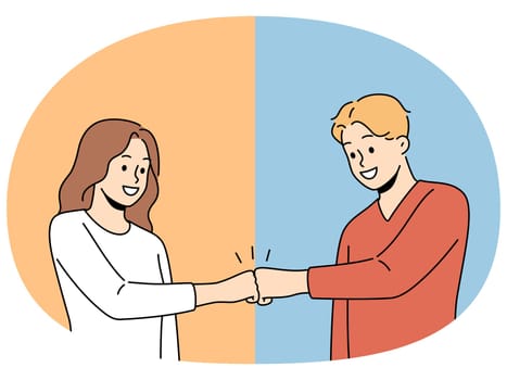 Smiling man and woman give fists bump engaged in teamwork. Happy couple male gesture greeting or making deal. Cooperation. Vector illustration.