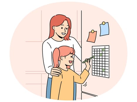Smiling mother and daughter put marks on to do list on fridge. Happy mom and child check finished daily tasks. Planning and time management. Vector illustration.