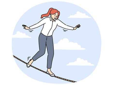 Smiling businesswoman walking on thin rope in air. Female employee balance on line involved in risky and dangerous business. Vector illustration.
