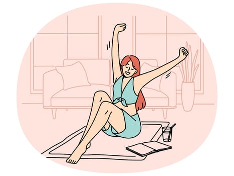 Happy woman stretching on mat at home floor reading book enjoying cold drink. Smiling girl relaxing in apartment on weekend. Vector illustration.