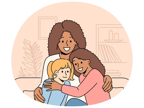 Smiling African American woman sit on couch with multiracial daughters. Happy black mother with multiethnic kids. Concept of adoption. Vector illustration.