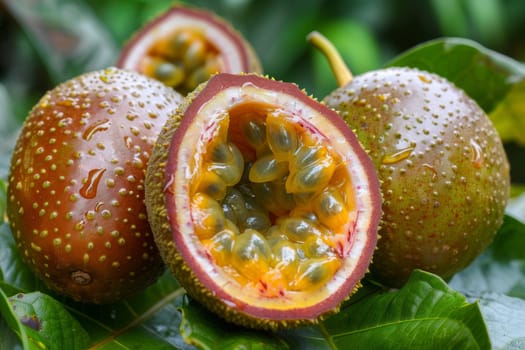 Exotic passion fruit with wrinkled skin and jelly-like seeds, perfect for tropical-themed projects