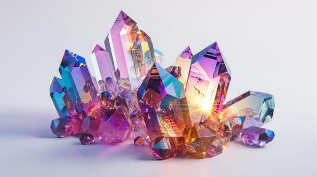 Faceted gemstone formations reflecting light and color on a blank white backdrop