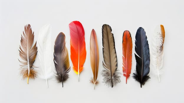 Feathers with a bohemian twist arranged in a captivating display on a pure white backdrop