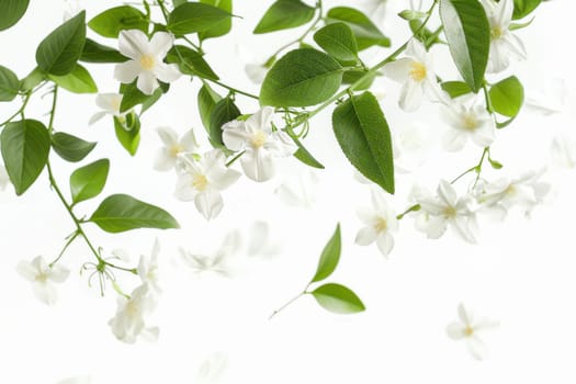 A white flower with green leaves is in the air