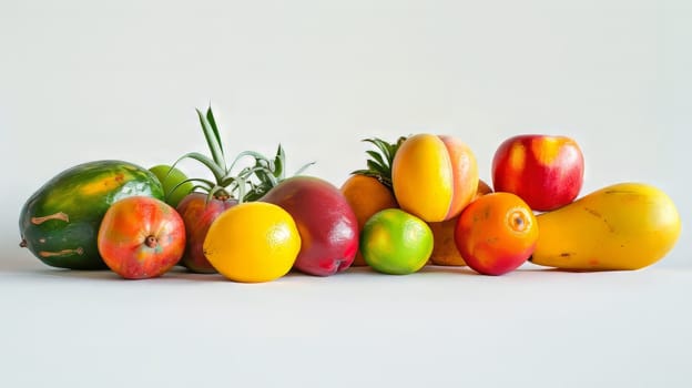 A bunch of fruits including apples, oranges, and lemons are displayed on a white background
