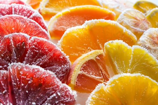 Frozen fruit slices with frosty edges against a soft transparent white background, ideal for healthy lifestyle concepts