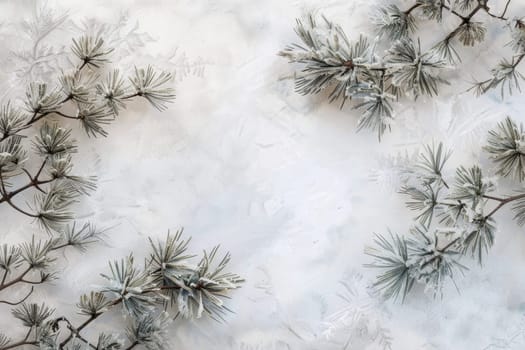 Frost-covered pine branches on a soft transparent white surface, evoking a sense of winter tranquility