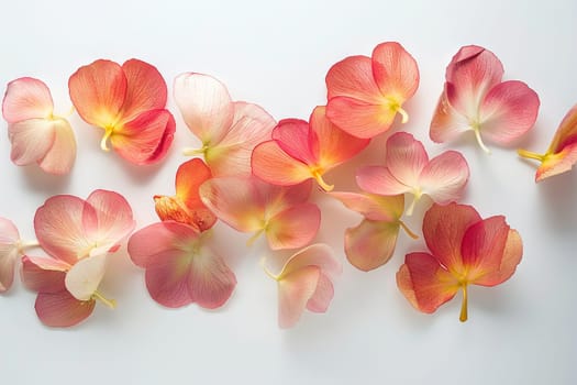 A close up of a bunch of pink flowers with yellow spots. The flowers are scattered across the image