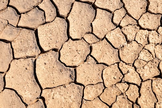 Close-up of dry cracked soil texture in arid area due to lack of water amid global warming. Concept of environmental problems.