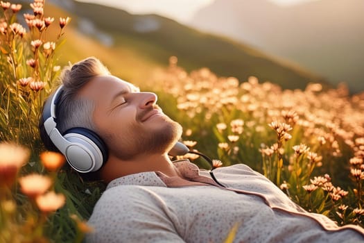 Happy young man businessman resting and relaxing after work listening to music at sunset in flower meadow in mountains.