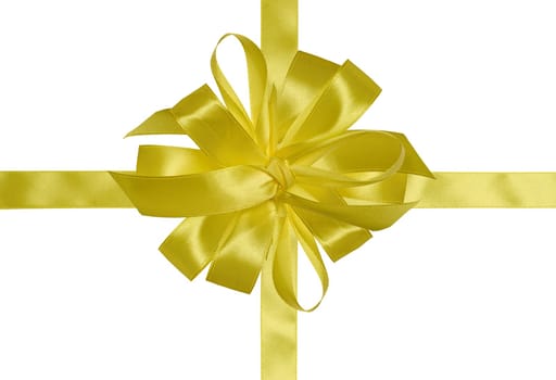 Yellow silk ribbon and a tied big bow on an isolated background, top view. Gift packaging