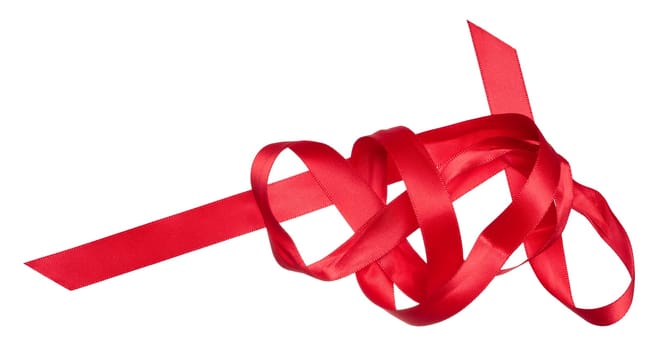 Piece of red satin ribbon on isolated background, top view