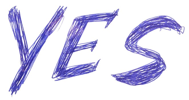 The word yes written with a blue ballpoint pen on an isolated background