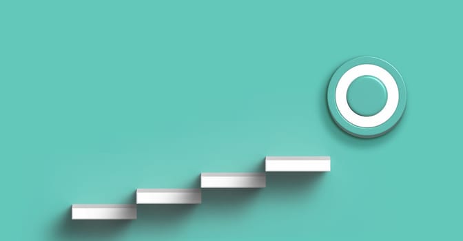 White steps on the way to a round goal on a green background, 3D rendering illustration