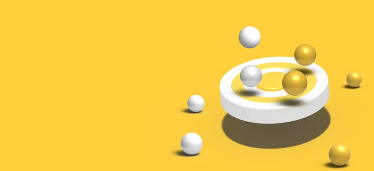 Yellow target with shadow and flying white and yellow balls, 3D rendering illustration   Copy space