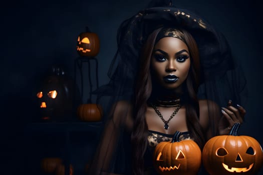 Dark-themed portrait of a mysterious witch holding a pumpkin, surrounded by glowing Jack-o'-lanterns.