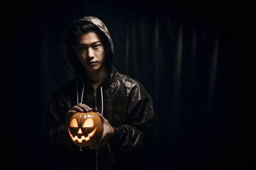 Mysterious Asian individual in a hood holds a carved Jack-O'-Lantern, set against a dark, eerie background.