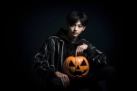 A stylish Asian man poses elegantly with a detailed Halloween pumpkin, dressed in black, setting a spooky ambiance