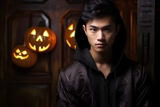 A young Asian man in a dark costume stands in front of a wooden backdrop with glowing carved Halloween pumpkins.