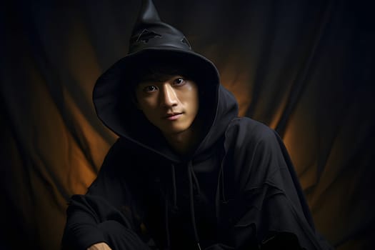 Mysterious Asian wizard in dark cloak with enchanting gaze, against dramatic backdrop, exuding aura of magic and fantasy