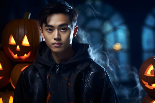 Young man standing among carved pumpkins with spooky lighting and smoke for a Halloween-themed scene.