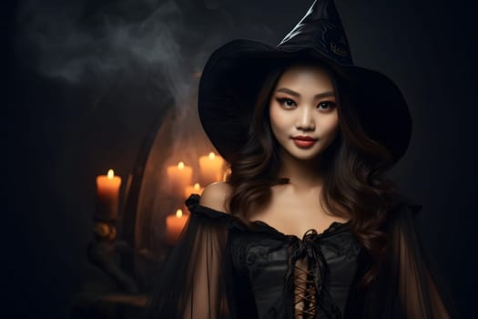 A captivating Asian woman, dressed as a witch, is carefully setting up glowing candles in a dark, mystical environment