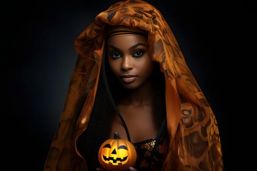 Enchanting African American woman with an orange veil holding a glowing pumpkin lantern, perfect for Halloween themes.