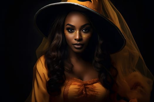 A beautiful African woman dressed as a witch in orange attire and hat, perfect for Halloween-themed content.