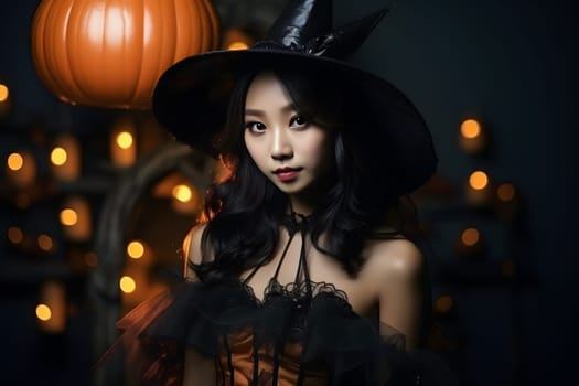 Beautiful Asian woman dressed as a witch with a pumpkin and candles, perfect for Halloween-themed content.