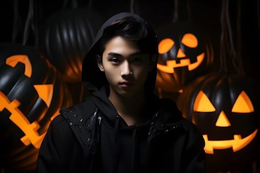 A young person in dark hoodie among glowing jackolanterns, setting a spooky Halloween atmosphere