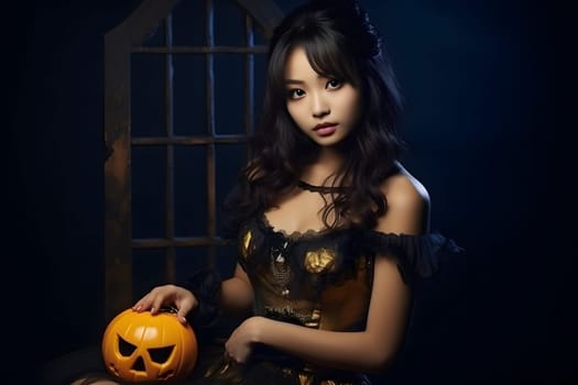 A gorgeous Asian woman donned in a sinister Halloween attire, elegantly holding a carved pumpkin amidst theatrical lighting in front of dark window