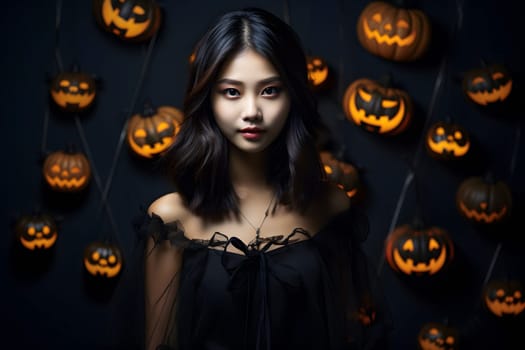 Young adult Asian woman in a black dress strikes a pose amidst Halloween pumpkins, creating a spooky nighttime ambiance