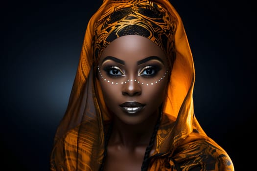 Stunning image of a woman in an African headwrap and face paint, embodies strength, beauty, cultural elegance