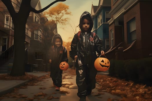 Kids wearing Halloween costumes are going trickortreating with jackolantern buckets on a fall evening street