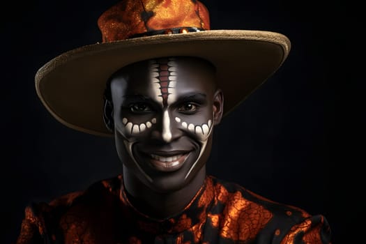 A black man in a unique Halloween costume with face paint and a stylish hat stands against a dark background